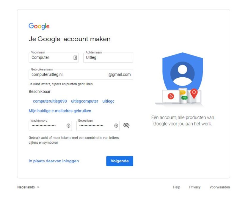 Google account aanmaken stap 2