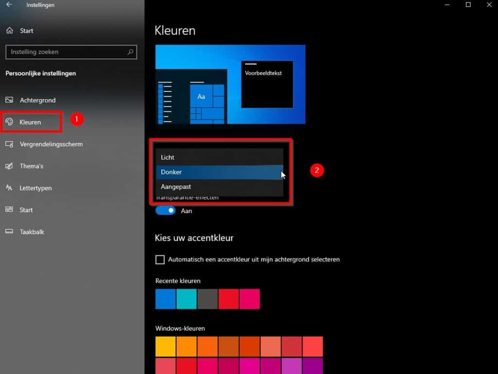 Windows 10 tips voor beginners Donkere Thema instellen